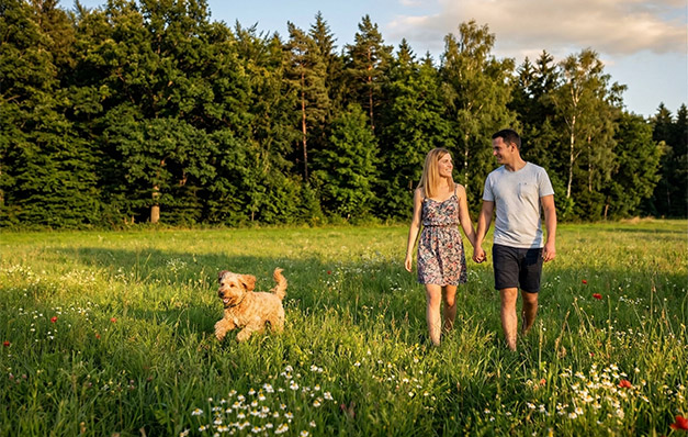 Hundefreundliches Wanderhotel im Bayerischen Wald – Hund auf der Wiese am Waldrand