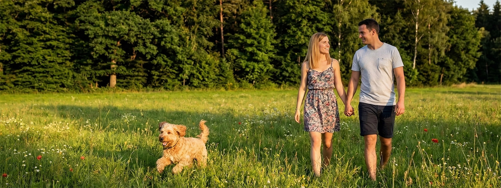 Urlaub mit Hund im Wanderhotel Muehle – Hund auf der Wiese am Waldrand bei Rinchnach